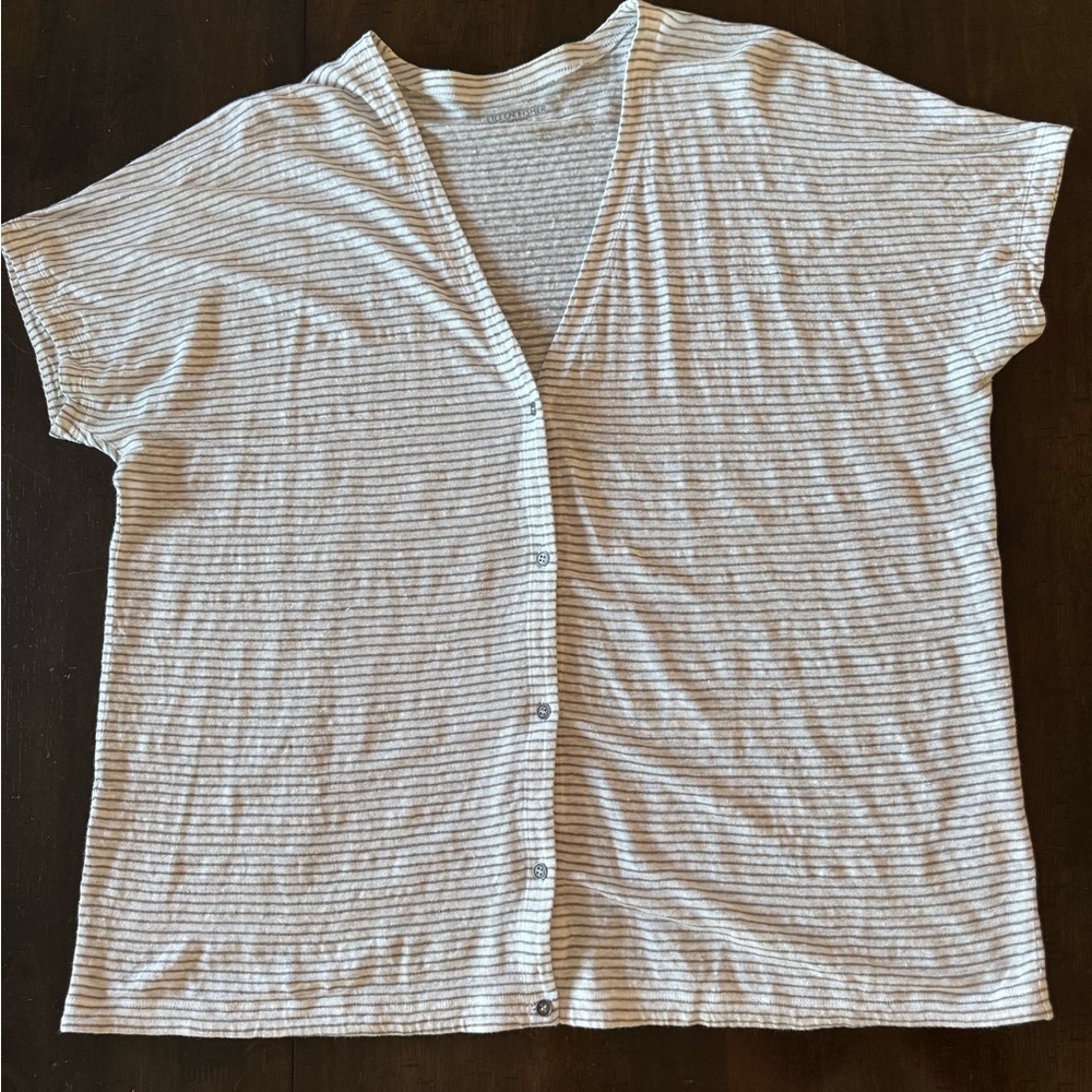 Eileen Fisher Gray & White Striped 100% Linen Button Down Top